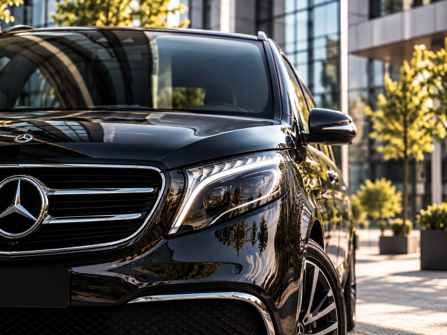 Detail masky chladiče a světlometu černého Mercedes-Benz V-Class