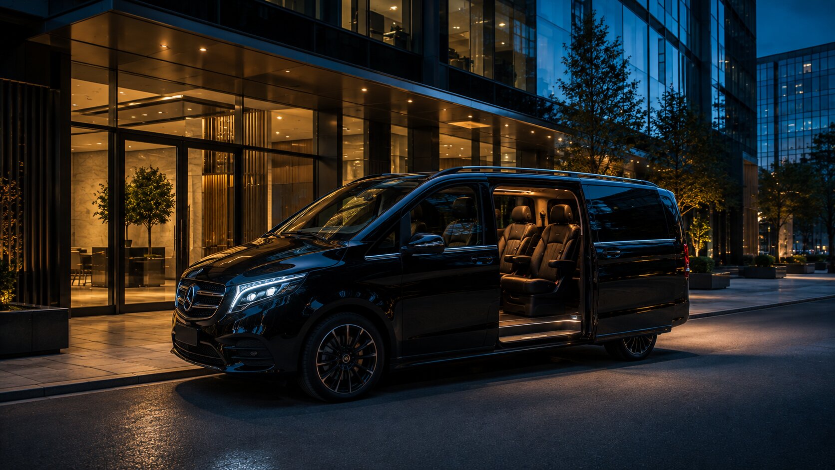 Mercedes-Benz V-Class s otevřenými bočními dveřmi před vstupem do budovy