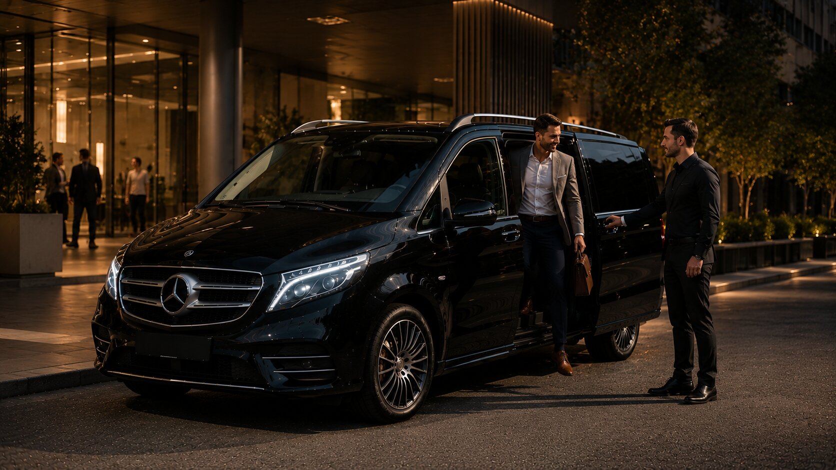 Řidič VIP DOPRAVA otevírá dveře vozu Mercedes-Benz V-Class před osvětlenou budovou za soumraku