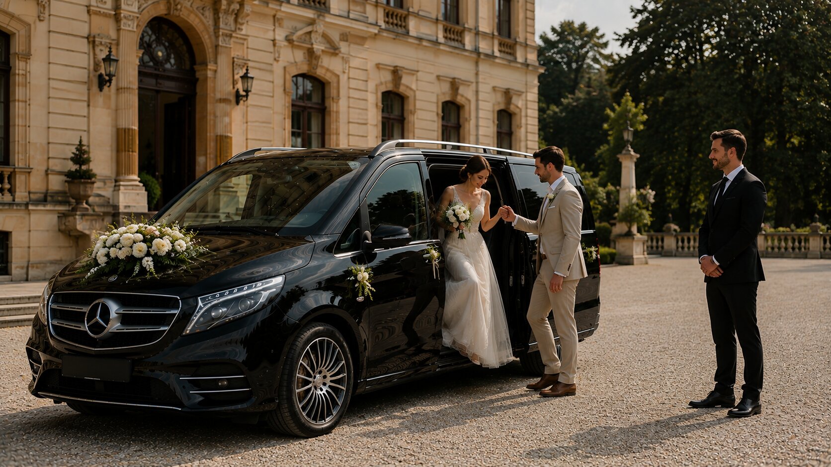 Svatebně vyzdobený vůz V-Class před vstupem do reprezentativního sídla